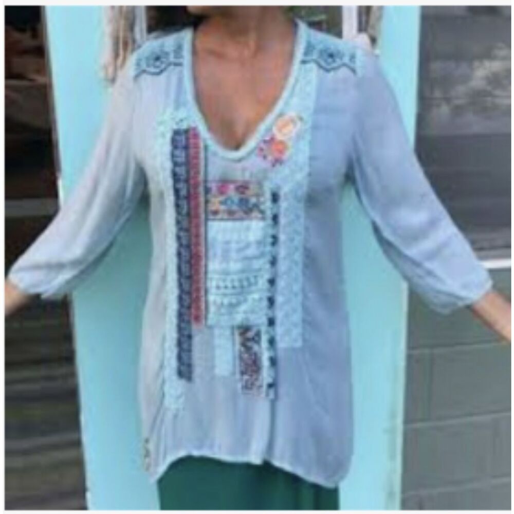 JOHNNY WAS 3x LIGHT BLUE Tunic - Embroidered Cupra - 3/4 sleeve Shirt Blouse Top